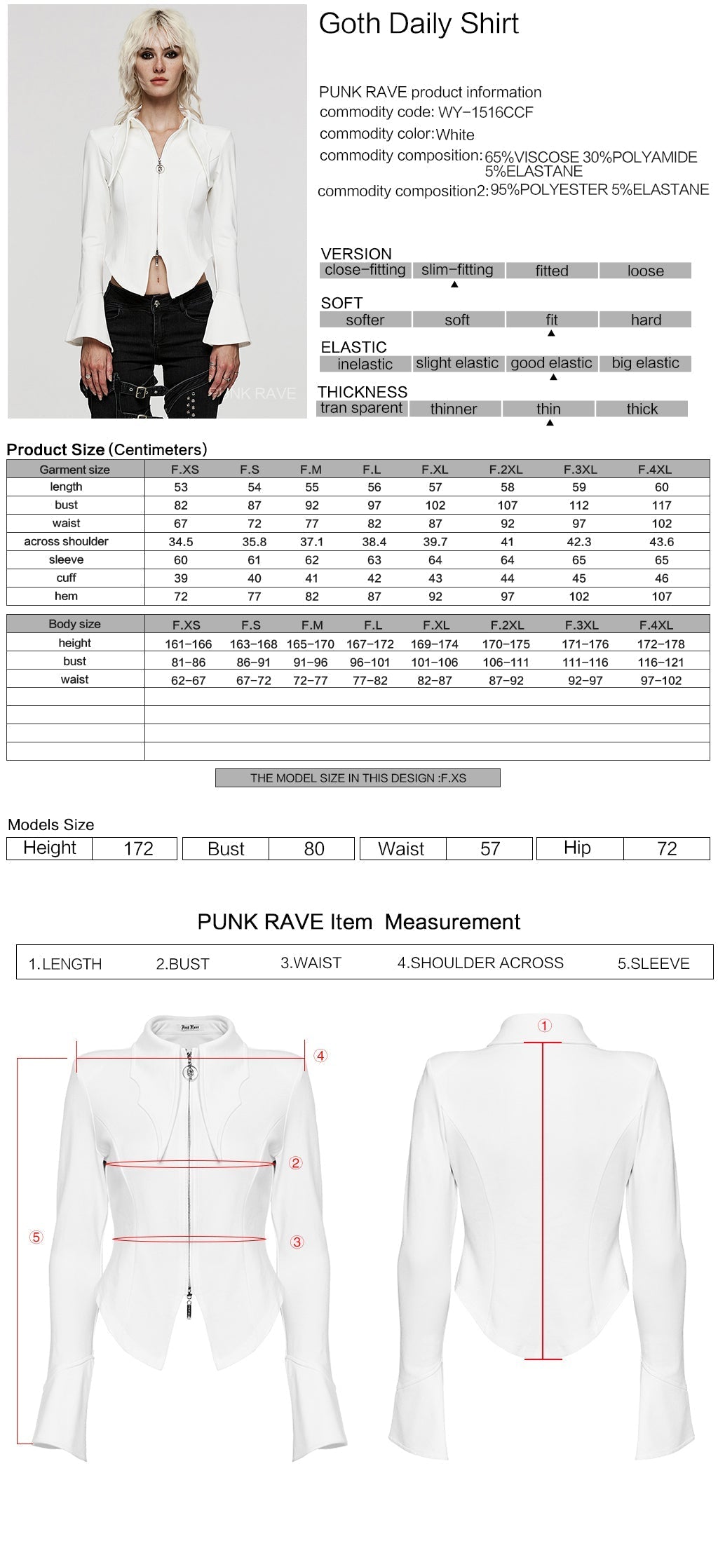 WY-1516CCF Punk Rave Gothic Blouse Slim Fit Black Zip-Up Top Bell Sleeve?-??Punk Rave Clothing