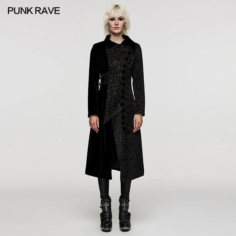 WY-1530XCF Punk Rave Gothic Coat black Velvet Asymmetrical Long Trench Jacket