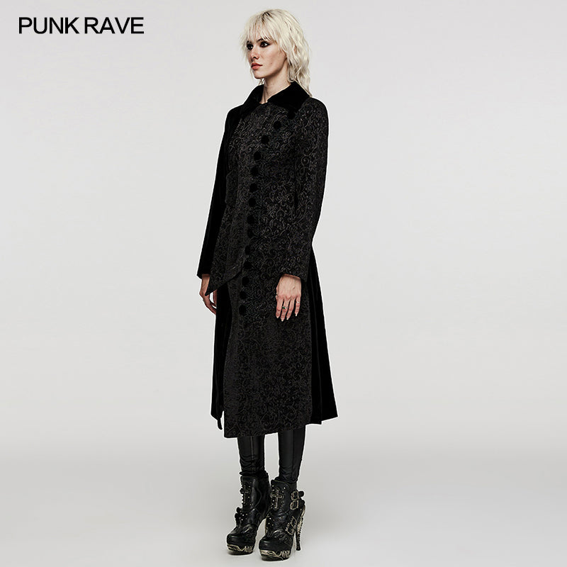 WY-1530XCF Punk Rave Gothic Coat black Velvet Asymmetrical Long Trench Jacket