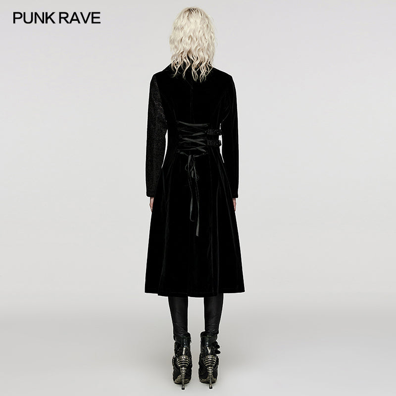 WY-1530XCF Punk Rave Gothic Coat black Velvet Asymmetrical Long Trench Jacket