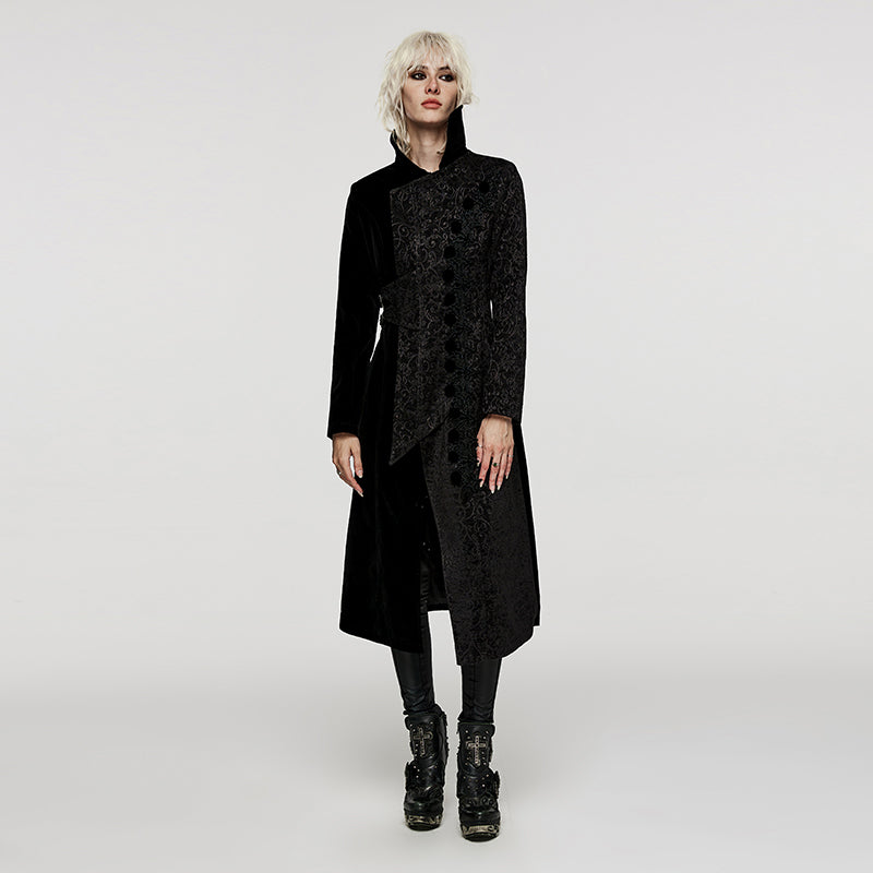 WY-1530XCF Punk Rave Gothic Coat black Velvet Asymmetrical Long Trench Jacket