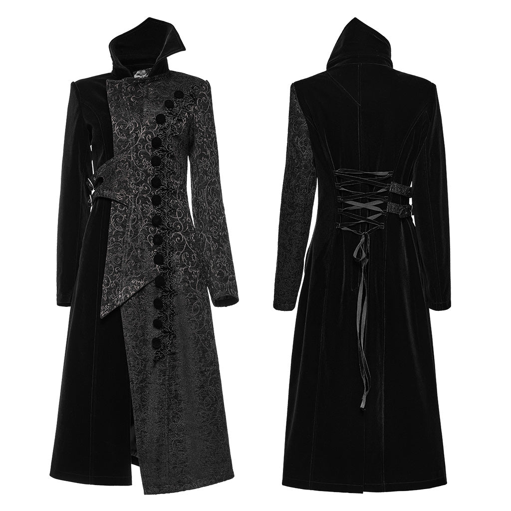 WY-1530XCF Punk Rave Gothic Coat black Velvet Asymmetrical Long Trench Jacket