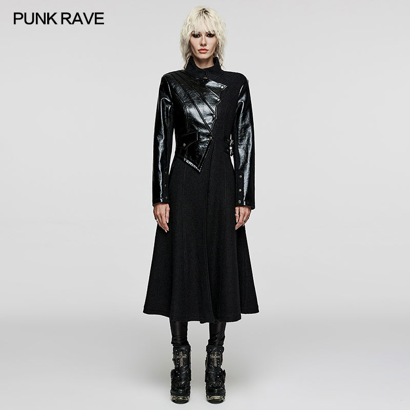 WY-1532ECF Punk Rave Gothic Coat Asymmetrical black Leather Panel Long Trench