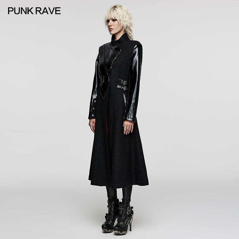 WY-1532ECF Punk Rave Gothic Coat Asymmetrical black Leather Panel Long Trench