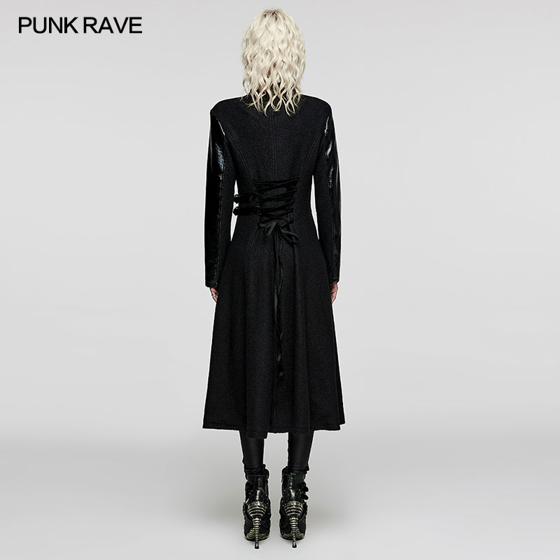 WY-1532ECF Punk Rave Gothic Coat Asymmetrical black Leather Panel Long Trench?-??Punk Rave Clothing