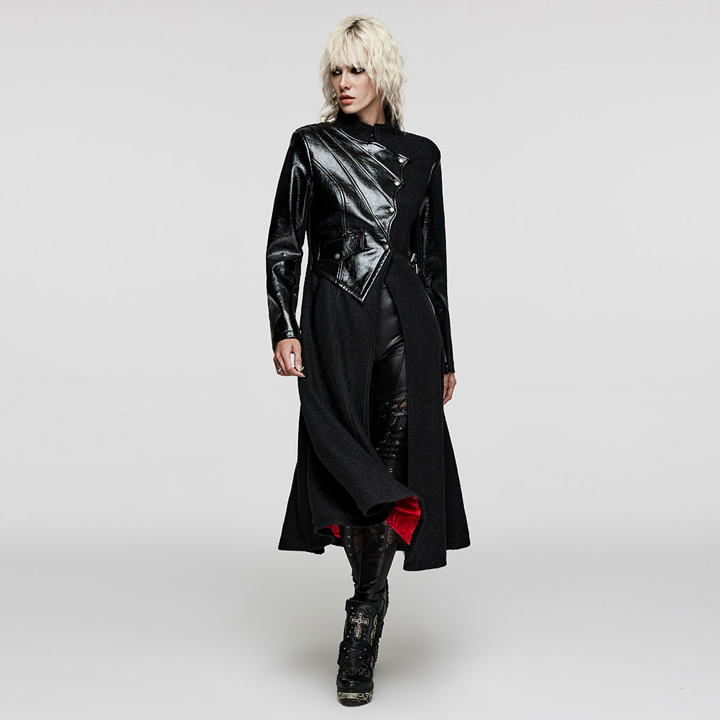 WY-1532ECF Punk Rave Gothic Coat Asymmetrical black Leather Panel Long Trench?-??Punk Rave Clothing