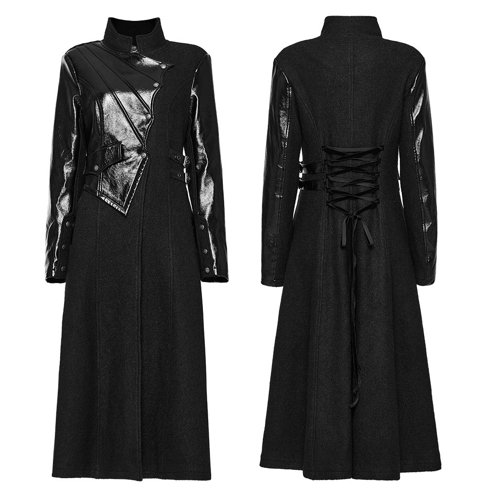 WY-1532ECF Punk Rave Gothic Coat Asymmetrical black Leather Panel Long Trench