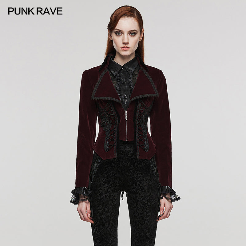 WY-1535DQF Punk Rave Gothic Jacket Velvet Victorian Cropped Blazer with Lace Details