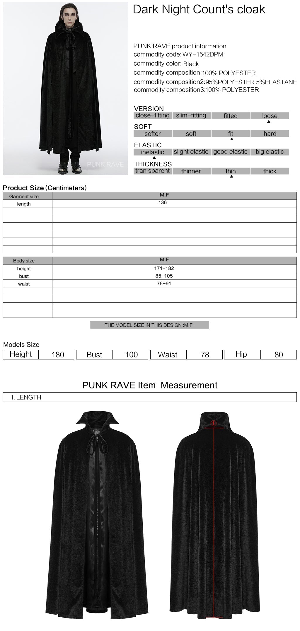 WY-1542DPM Elegant Gothic Cloak Hooded Black Red Lining?????????????????????¨¬??????????? Sophisticated Style?-??Punk Rave Clothing