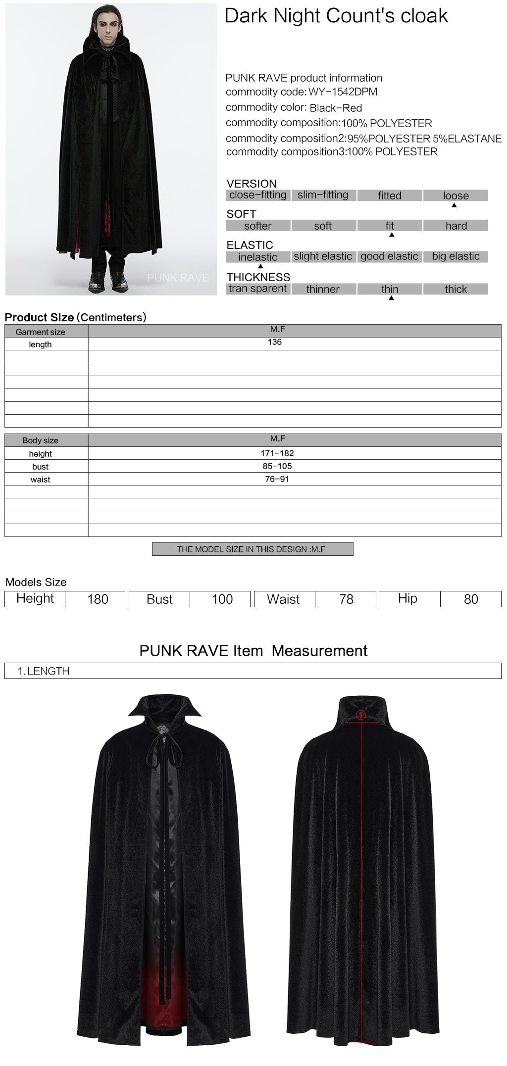WY-1542DPM Elegant Gothic Cloak Hooded Black Red Lining?????????????????????¨¬??????????? Sophisticated Style?-??Punk Rave Clothing