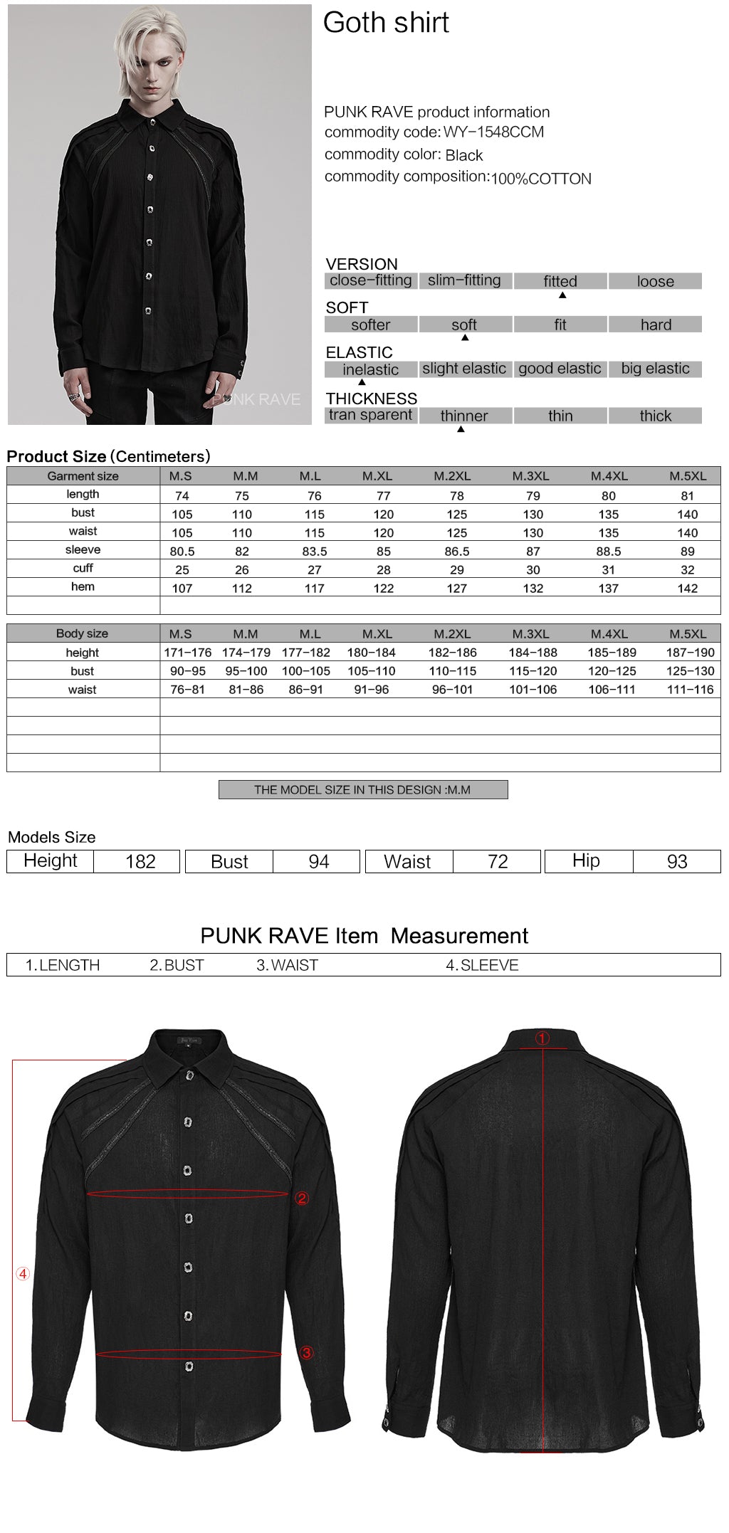 WY-1548CCM Mens Gothic Shirt Button-Up black Long Sleeve Cotton Fashion?-??Punk Rave Clothing