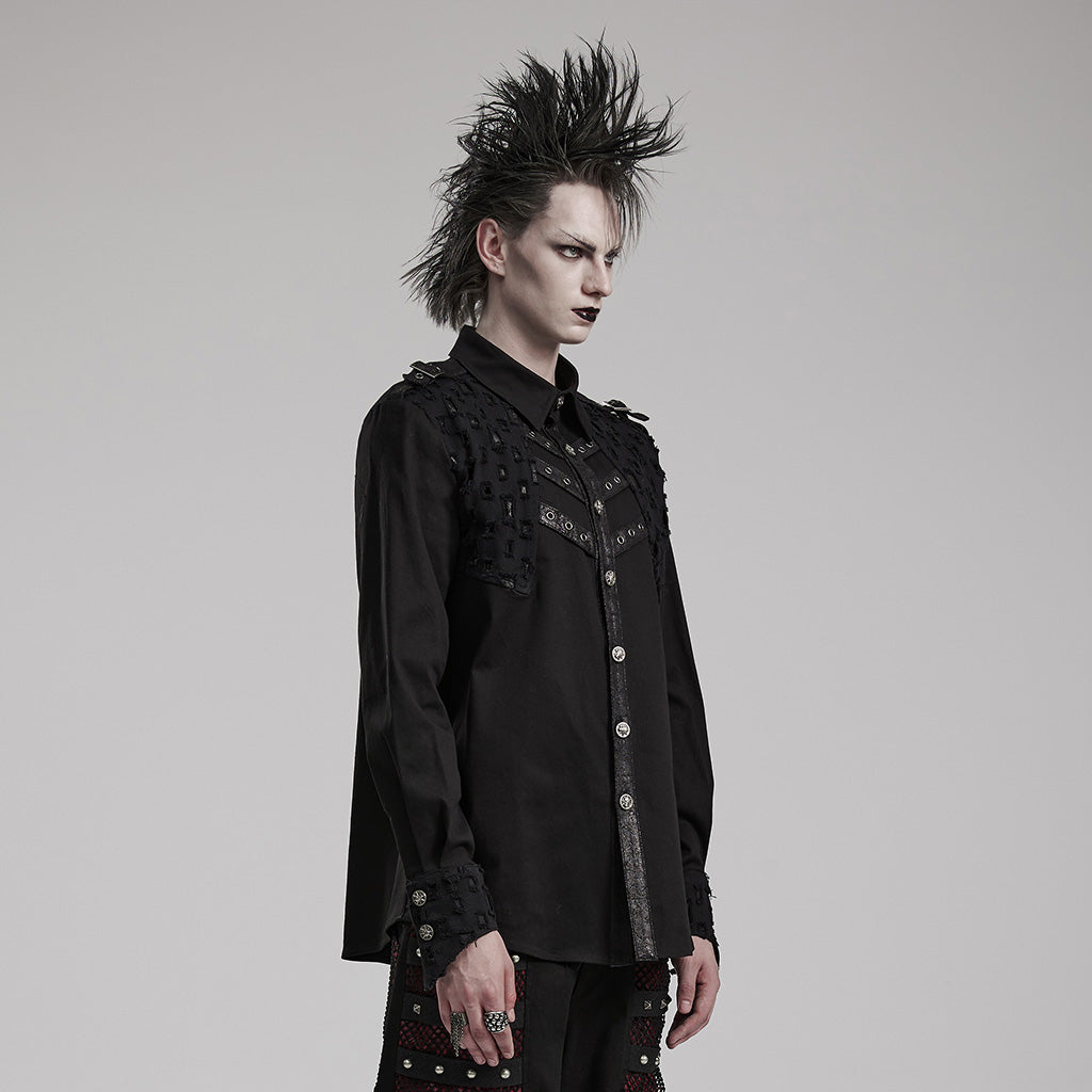 WY-1552CCM Gothic Punk Studded Long Sleeve Shirt with Button Embellishments?-??Punk Rave Clothing