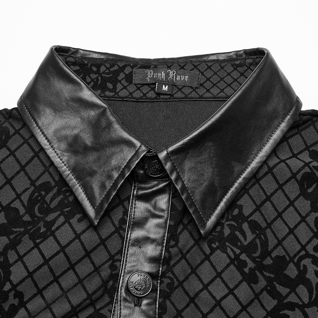 WY-1554CCM Punk Rave Gothic Shirt Velvet Jacquard Button-Up with Leather Trim?-??Punk Rave Clothing