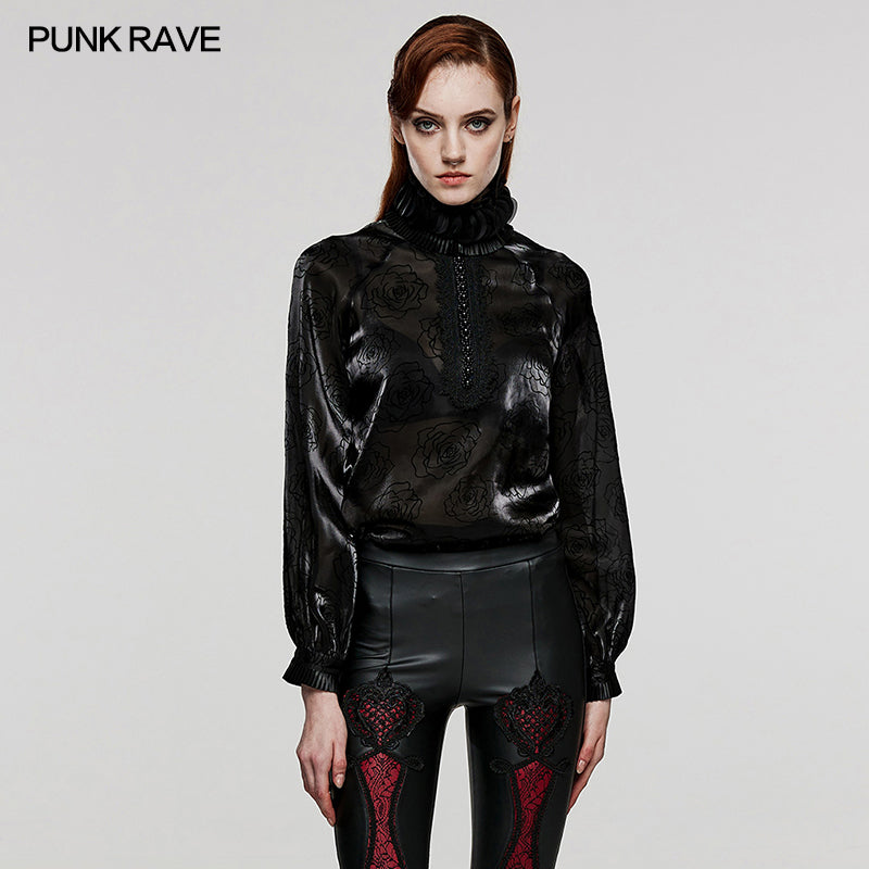 WY-1563CCF Punk Rave Gothic Shirt black Satin High Neck Blouse with Floral Jacquard