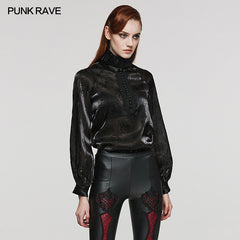 WY-1563CCF Punk Rave Gothic Shirt black Satin High Neck Blouse with Floral Jacquard