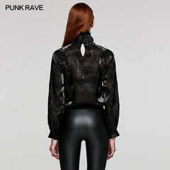 WY-1563CCF Punk Rave Gothic Shirt black Satin High Neck Blouse with Floral Jacquard