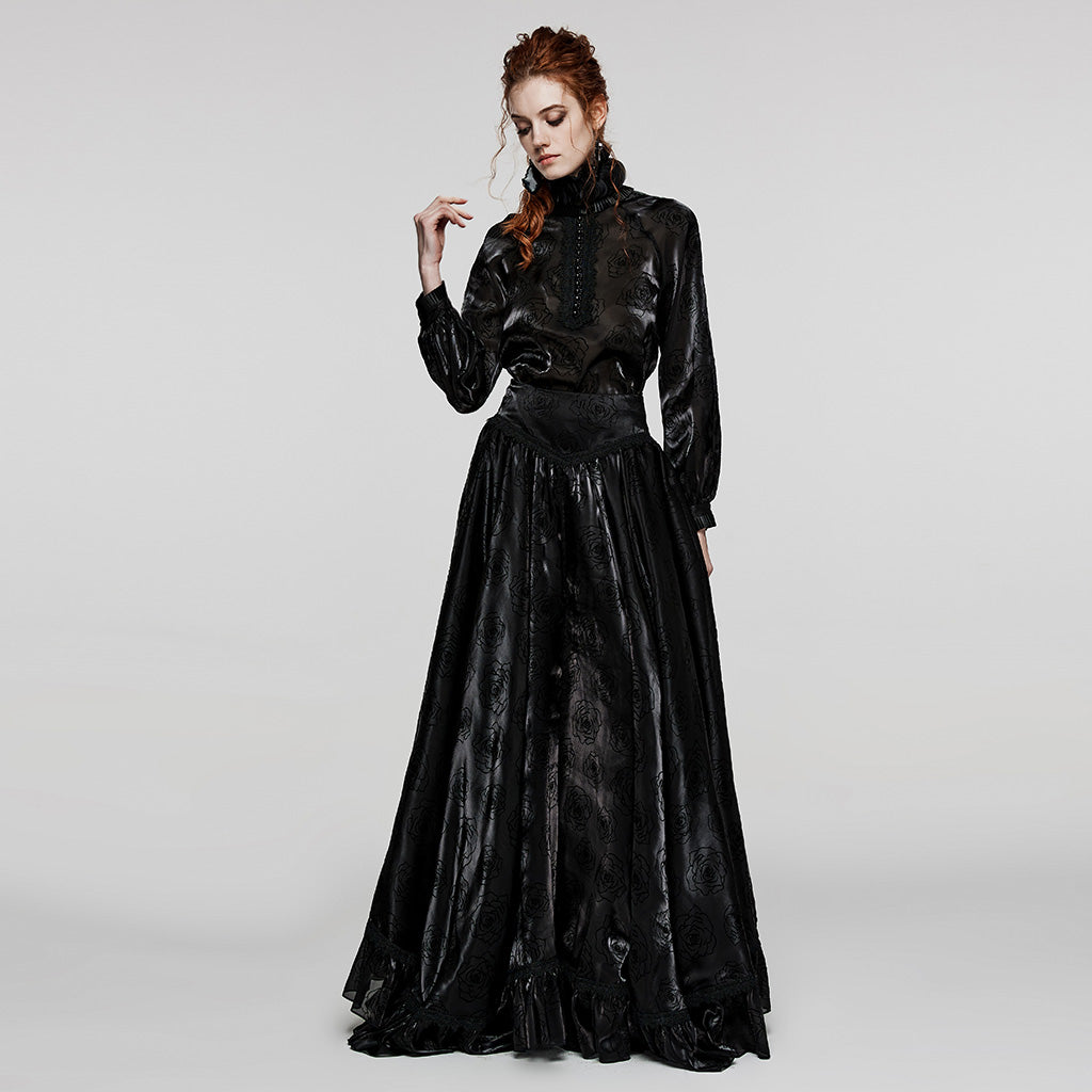 WY-1563CCF Punk Rave Gothic Shirt black Satin High Neck Blouse with Floral Jacquard