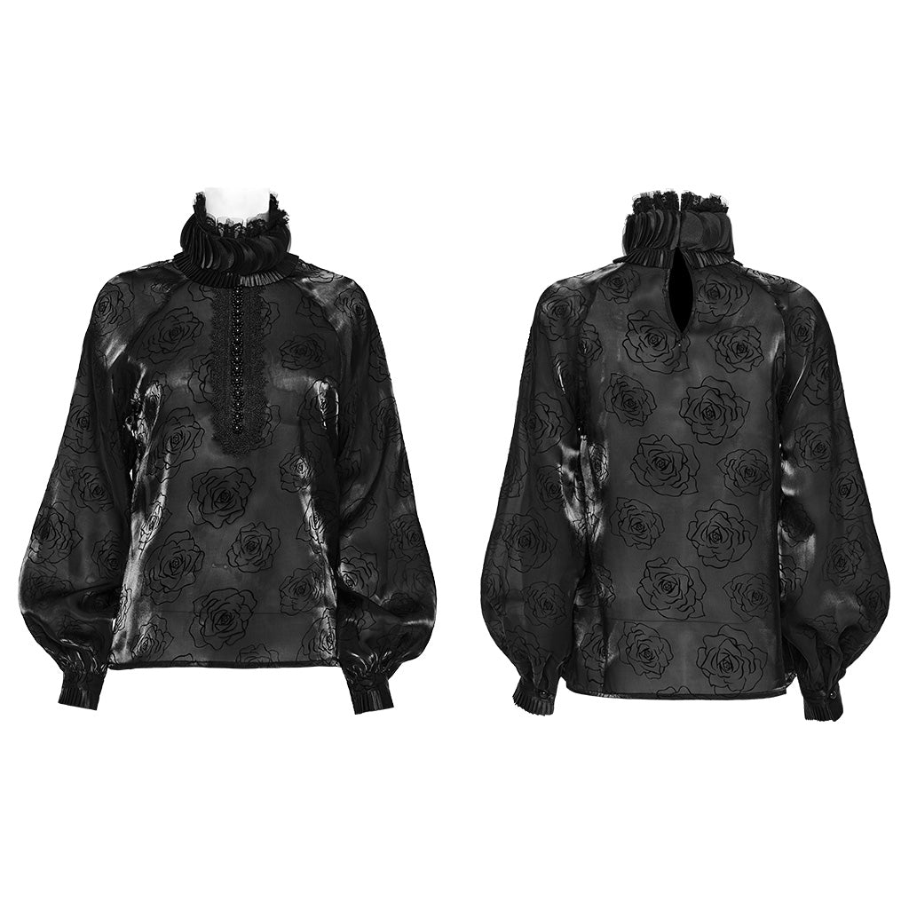 WY-1563CCF Punk Rave Gothic Shirt black Satin High Neck Blouse with Floral Jacquard?-??Punk Rave Clothing