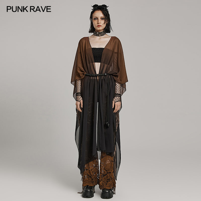 WY-1566DPF Punk Rave Gothic Shirt Sheer Long Drape Kimono Top with Belt?-??Punk Rave Clothing