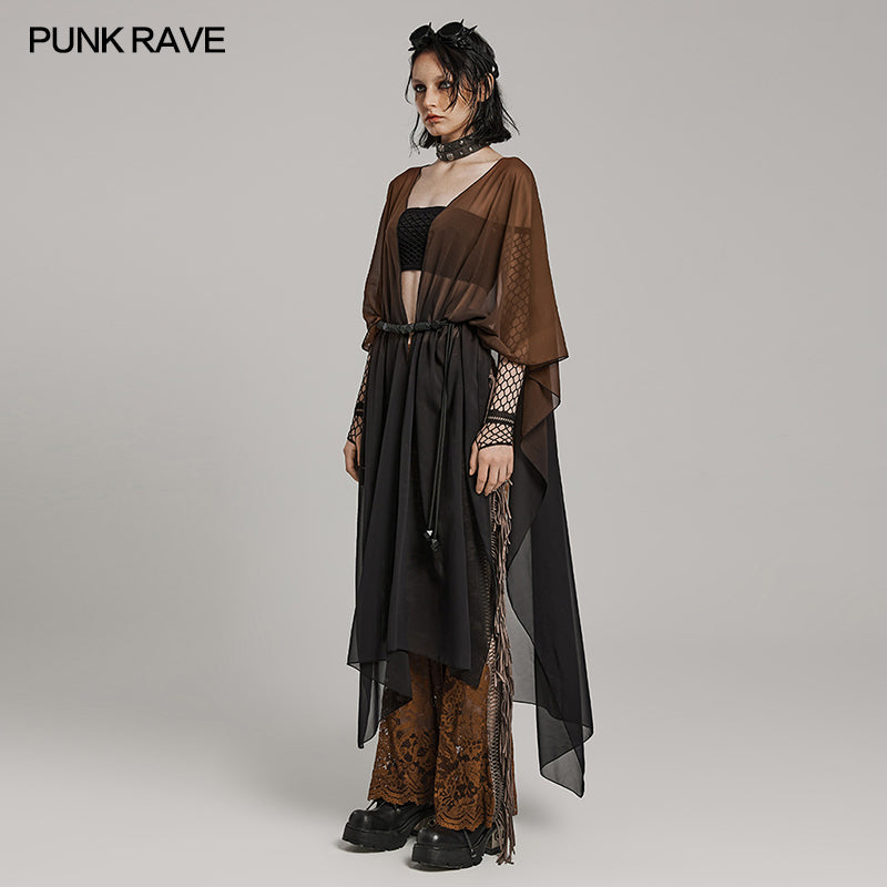 WY-1566DPF Punk Rave Gothic Shirt Sheer Long Drape Kimono Top with Belt?-??Punk Rave Clothing
