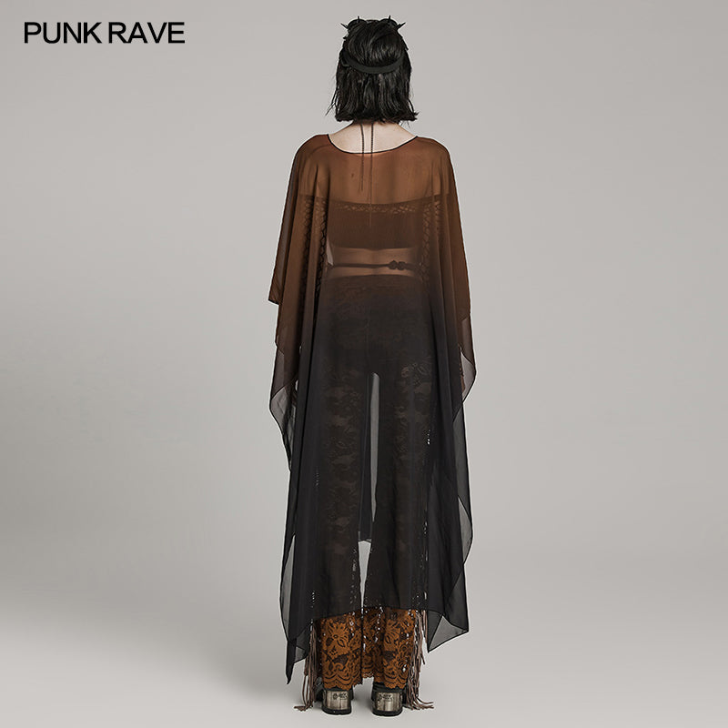 WY-1566DPF Punk Rave Gothic Shirt Sheer Long Drape Kimono Top with Belt?-??Punk Rave Clothing