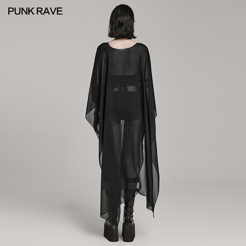 WY-1566DPF Punk Rave Gothic Shirt Sheer Long Drape Kimono Top with Belt?-??Punk Rave Clothing