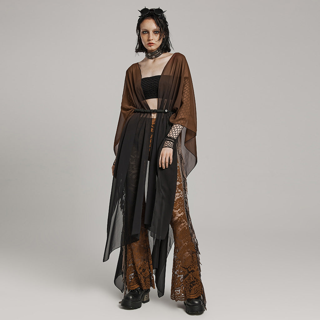 WY-1566DPF Punk Rave Gothic Shirt Sheer Long Drape Kimono Top with Belt?-??Punk Rave Clothing
