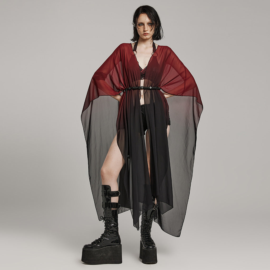 WY-1566DPF Punk Rave Gothic Shirt Sheer Long Drape Kimono Top with Belt?-??Punk Rave Clothing