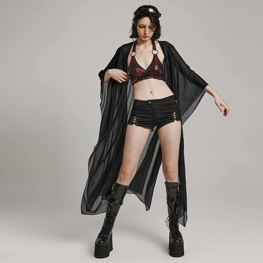 WY-1566DPF Punk Rave Gothic Shirt Sheer Long Drape Kimono Top with Belt?-??Punk Rave Clothing