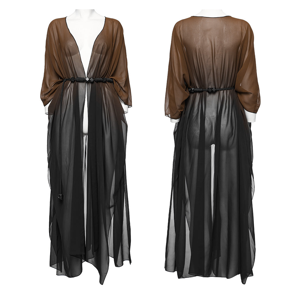 WY-1566DPF Punk Rave Gothic Shirt Sheer Long Drape Kimono Top with Belt?-??Punk Rave Clothing