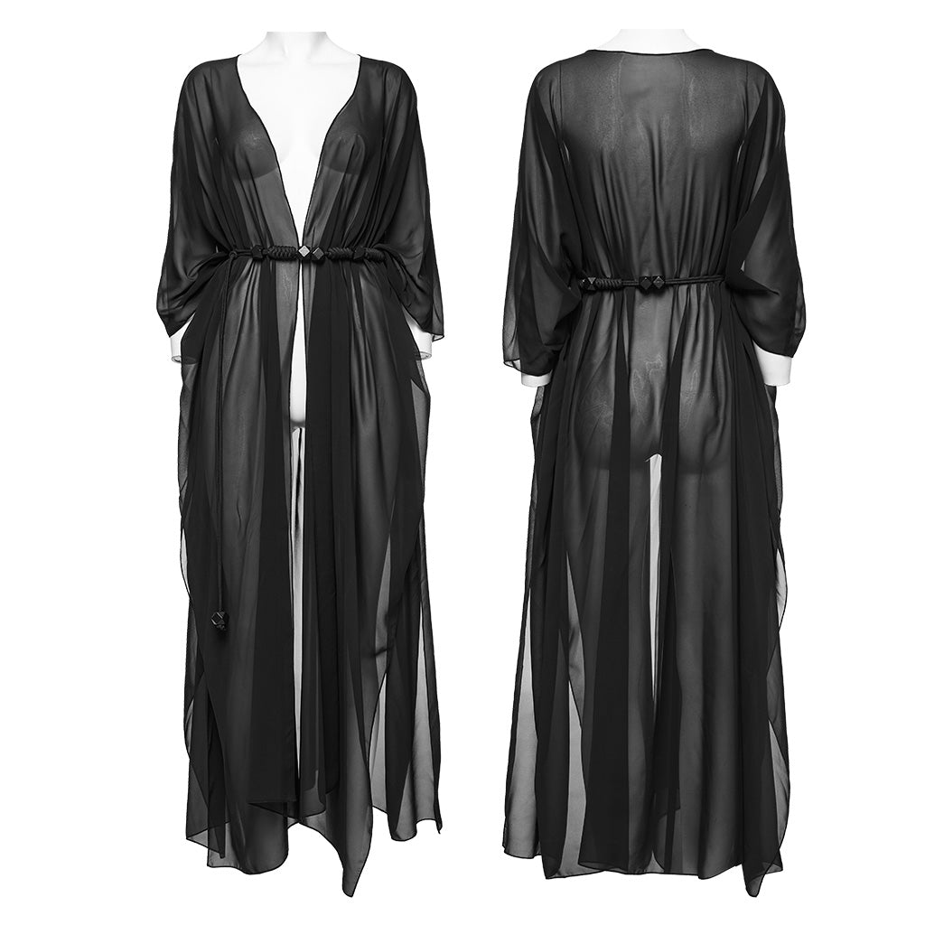 WY-1566DPF Punk Rave Gothic Shirt Sheer Long Drape Kimono Top with Belt?-??Punk Rave Clothing