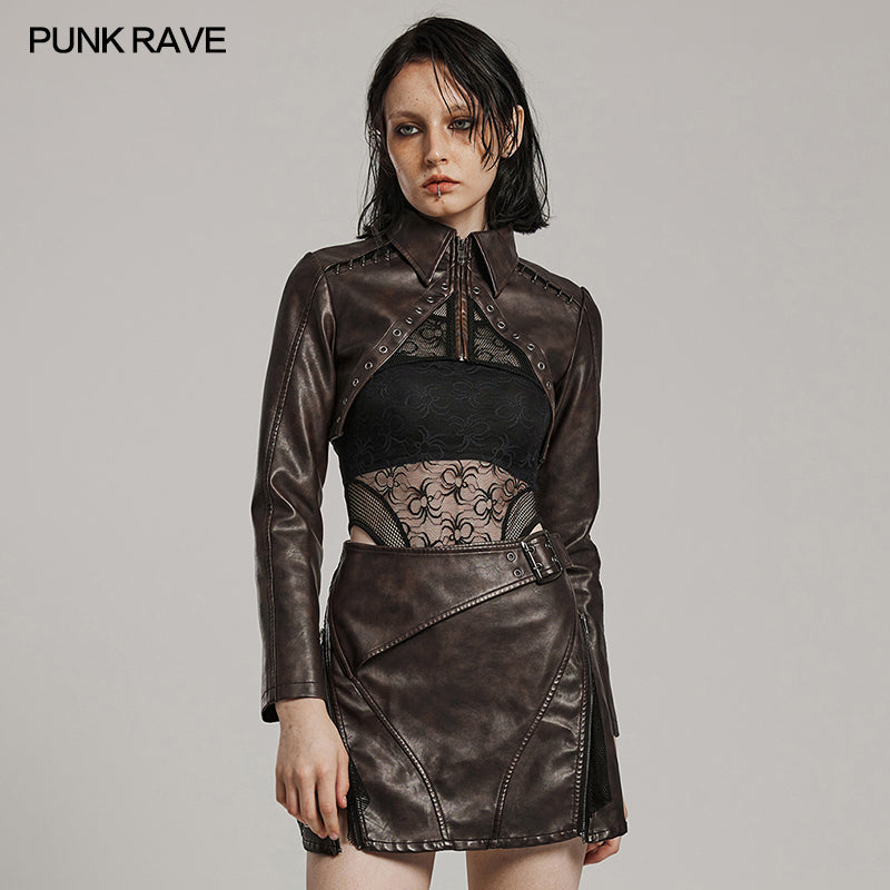 WY-1568PDF Punk Rave Punk Jacket Cropped Faux Leather Zip-Up with Studded Details