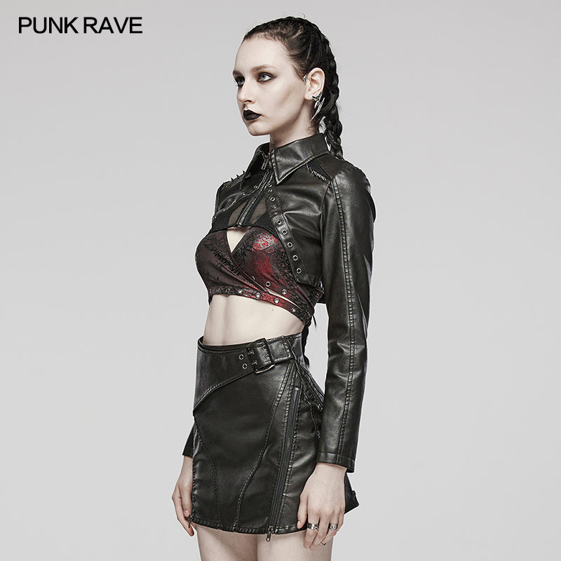 WY-1568PDF Punk Rave Punk Jacket Cropped Faux Leather Zip-Up with Studded Details