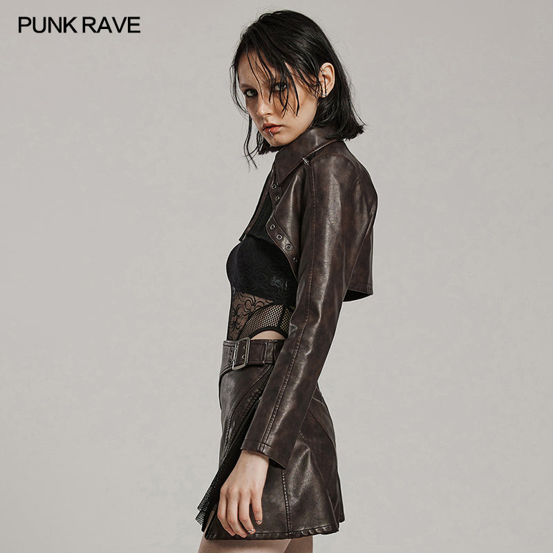 WY-1568PDF Punk Rave Punk Jacket Cropped Faux Leather Zip-Up with Studded Details