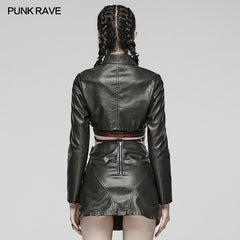 WY-1568PDF Punk Rave Punk Jacket Cropped Faux Leather Zip-Up with Studded Details