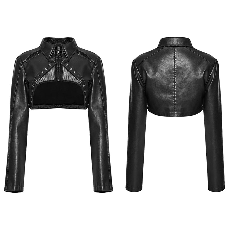 WY-1568PDF Punk Rave Punk Jacket Cropped Faux Leather Zip-Up with Studded Details