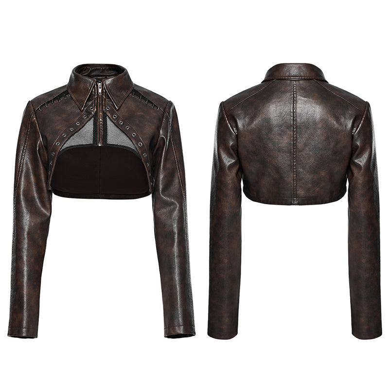 WY-1568PDF Punk Rave Punk Jacket Cropped Faux Leather Zip-Up with Studded Details