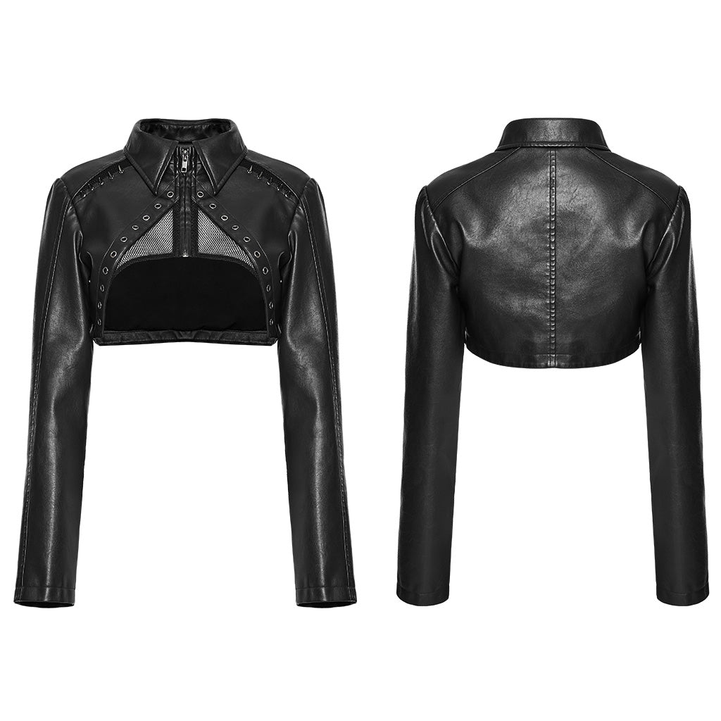 WY-1568PDF Punk Rave Punk Jacket Cropped Faux Leather Zip-Up with Studded Details