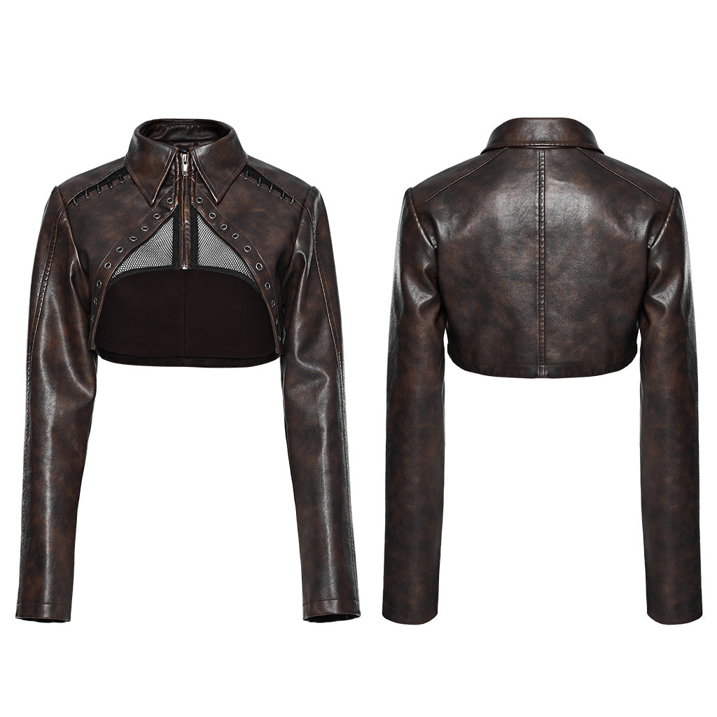 WY-1568PDF Punk Rave Punk Jacket Cropped Faux Leather Zip-Up with Studded Details