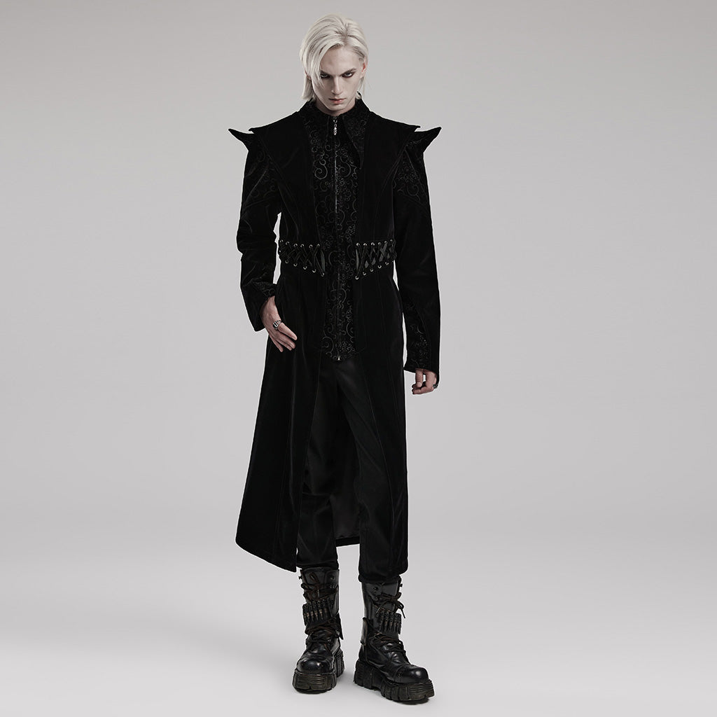 WY-1570XCM Punk Rave Gothic Coat Long black Velvet Victorian Trench with Spiked Shoulders