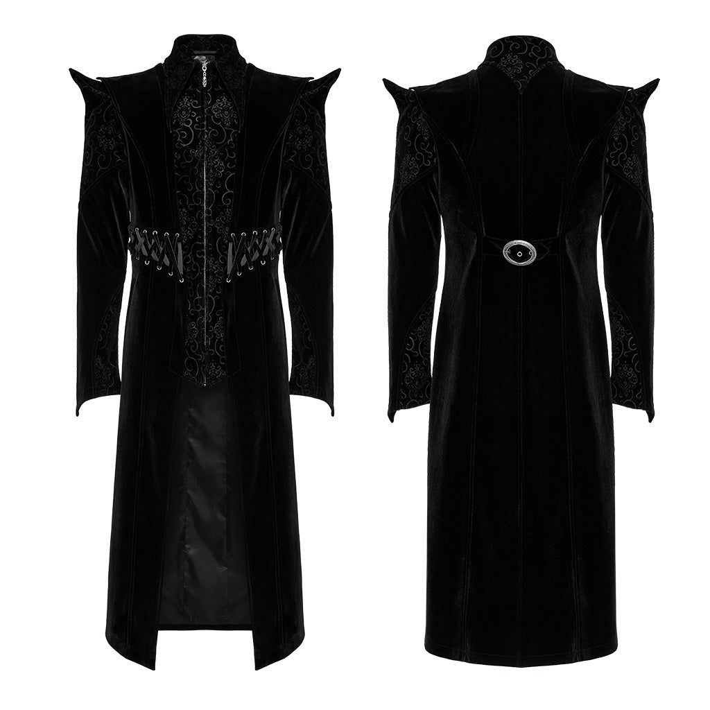 WY-1570XCM Punk Rave Gothic Coat Long black Velvet Victorian Trench with Spiked Shoulders