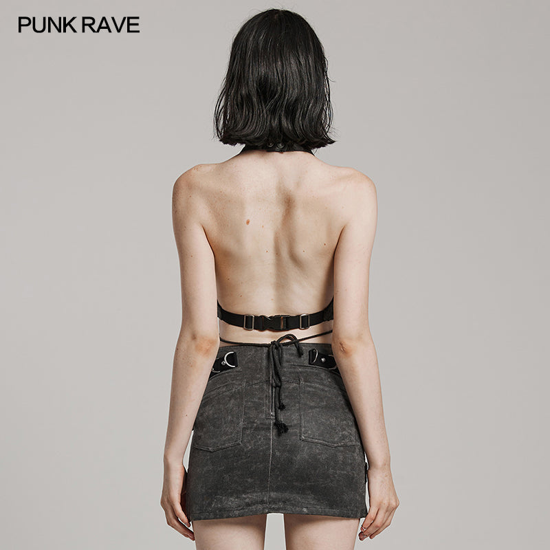 WY-1573MJF Punk Rave Punk Vest Lace-Up Halter Top with Metal Eyelets and Cut-Out Design?-??Punk Rave Clothing
