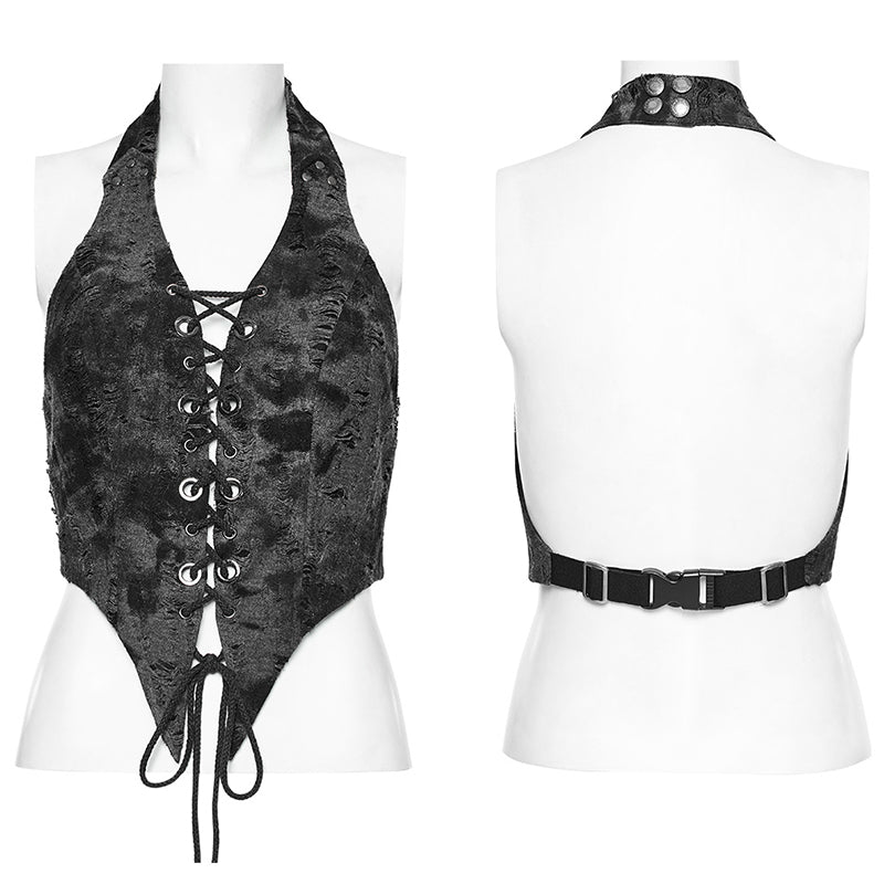 WY-1573MJF Punk Rave Punk Vest Lace-Up Halter Top with Metal Eyelets and Cut-Out Design