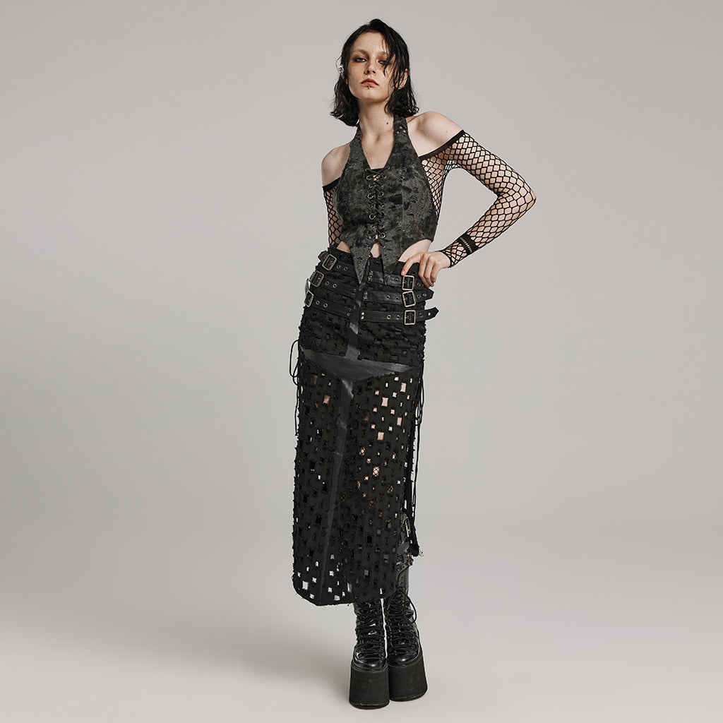 WY-1573MJF Punk Rave Punk Vest Lace-Up Halter Top with Metal Eyelets and Cut-Out Design