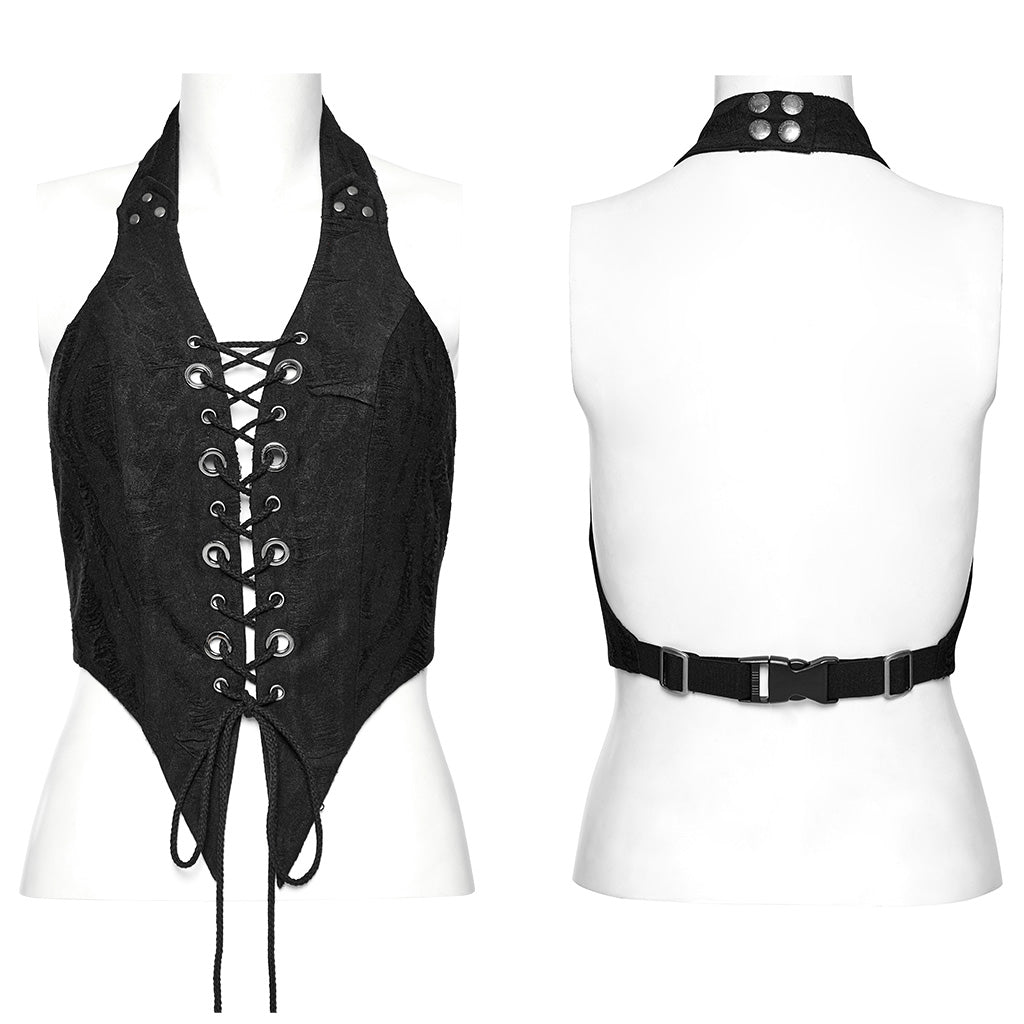 WY-1573MJF Punk Rave Punk Vest Lace-Up Halter Top with Metal Eyelets and Cut-Out Design