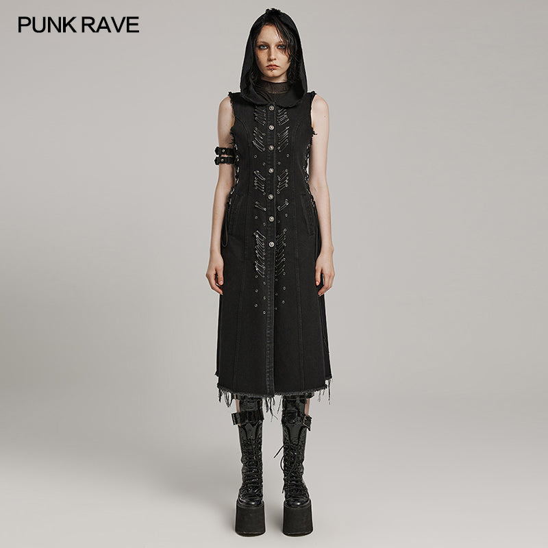 WY-1574MJF Punk Rave Punk Vest Sleeveless Long Hooded Denim Vest with Distressed Details?-??Punk Rave Clothing
