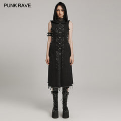 WY-1574MJF Punk Rave Punk Vest Sleeveless Long Hooded Denim Vest with Distressed Details