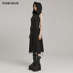 WY-1574MJF Punk Rave Punk Vest Sleeveless Long Hooded Denim Vest with Distressed Details