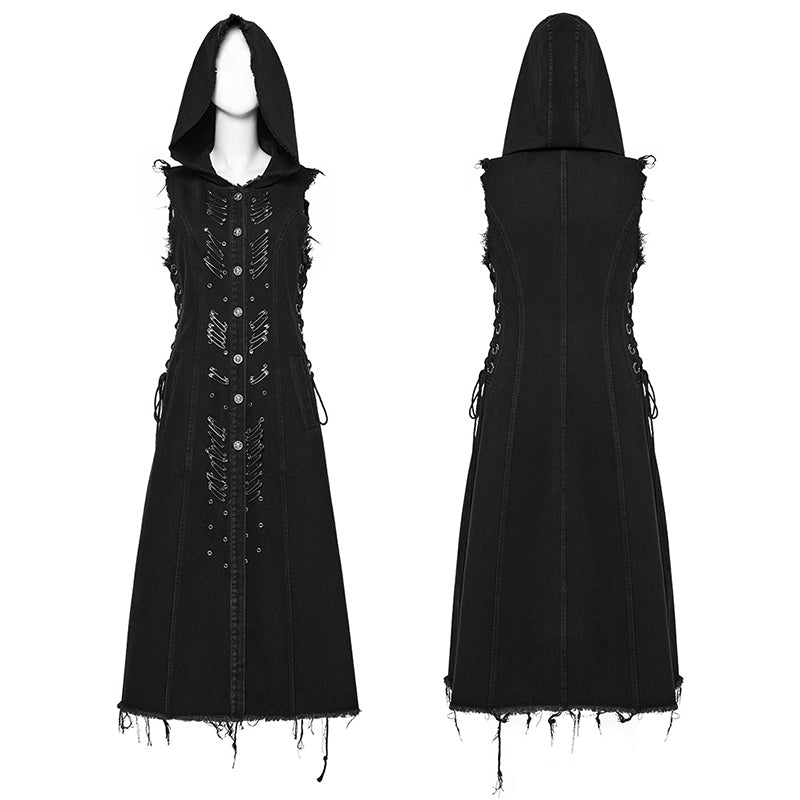 WY-1574MJF Punk Rave Punk Vest Sleeveless Long Hooded Denim Vest with Distressed Details?-??Punk Rave Clothing