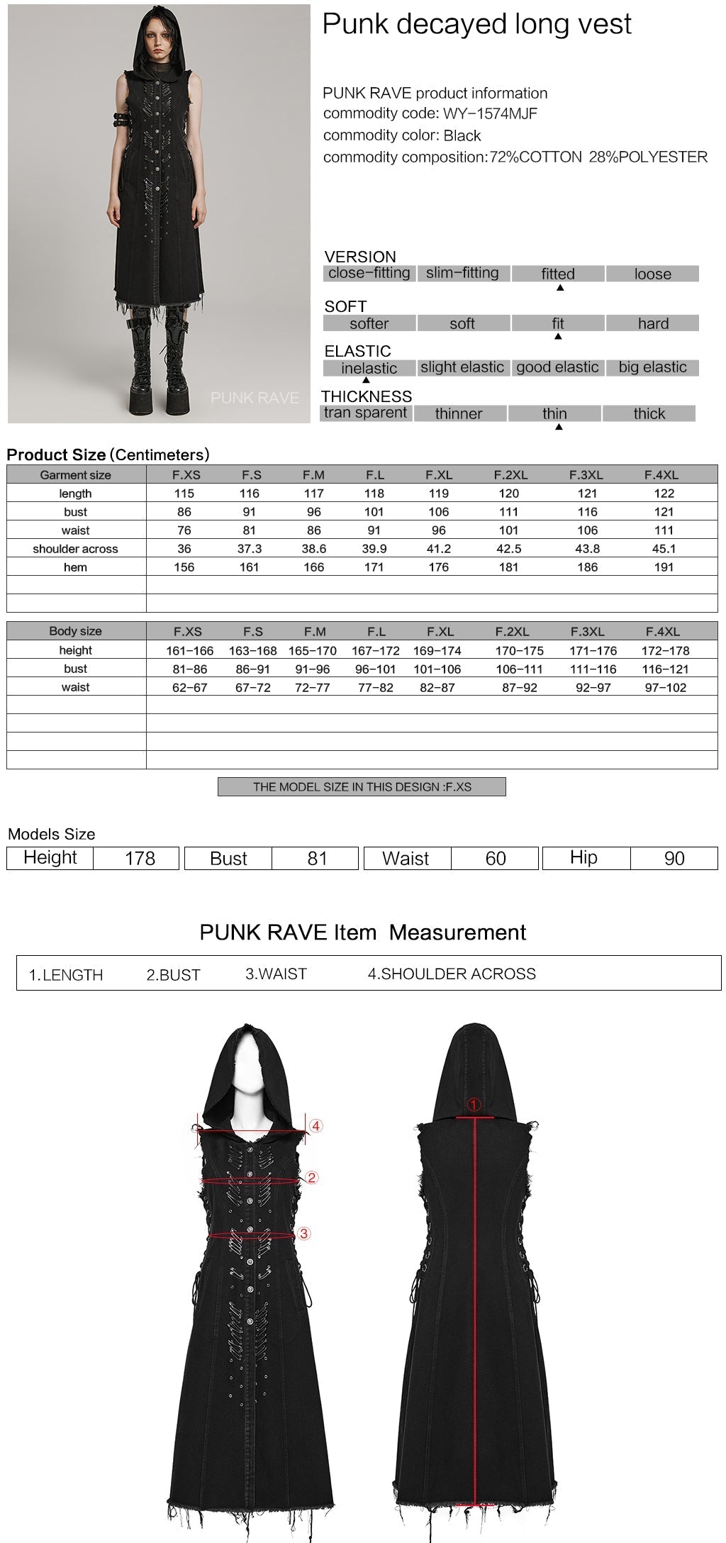 WY-1574MJF Punk Rave Punk Vest Sleeveless Long Hooded Denim Vest with Distressed Details?-??Punk Rave Clothing